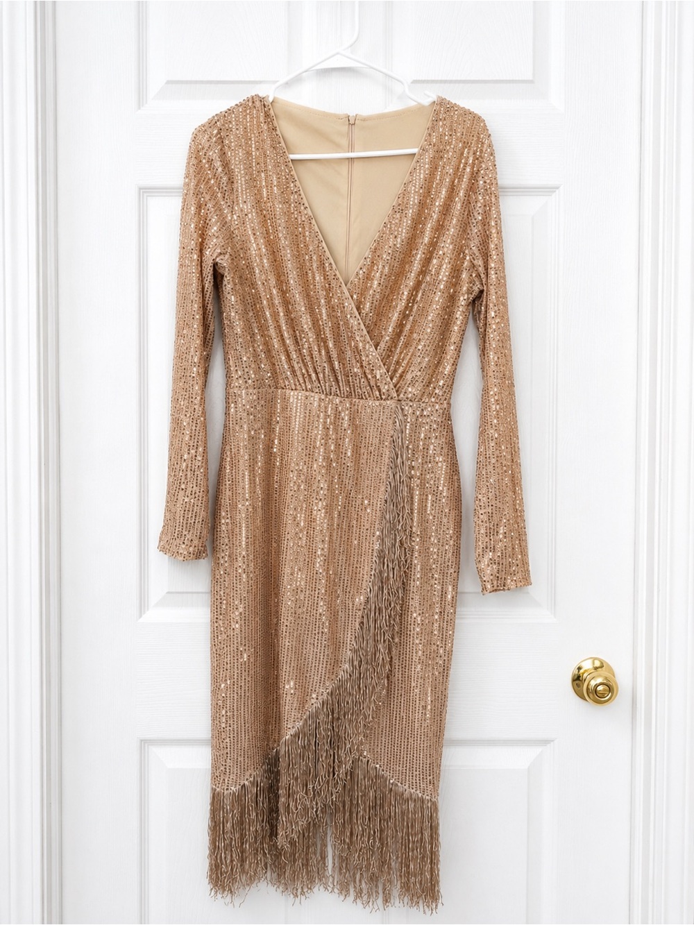 SHEIN Champagne Sequin Fringe Wrap Long Sleeve Dress